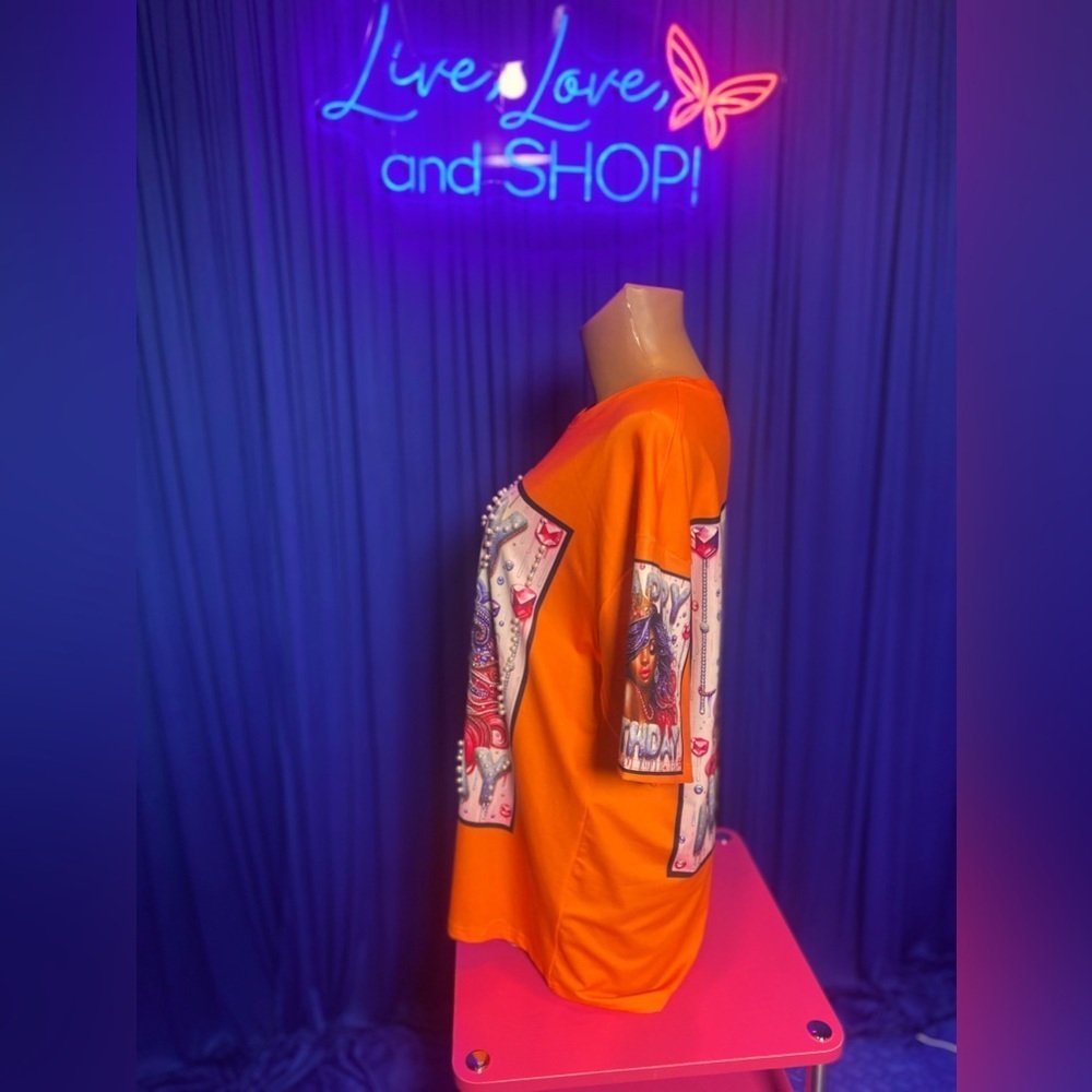 SHIRT: Orange Diva "Happy Birthday" Tee w/Vibrant Pearls & Rhinestones, NWT - Picture 13 of 17